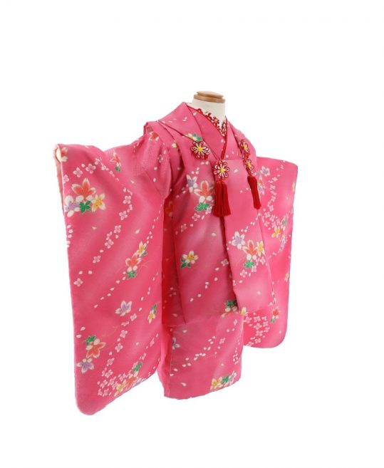 七五三 3歳女の子用被布[シンプルかわいい](被布・着物)濃いめのピンク・流水状の桜No.46H